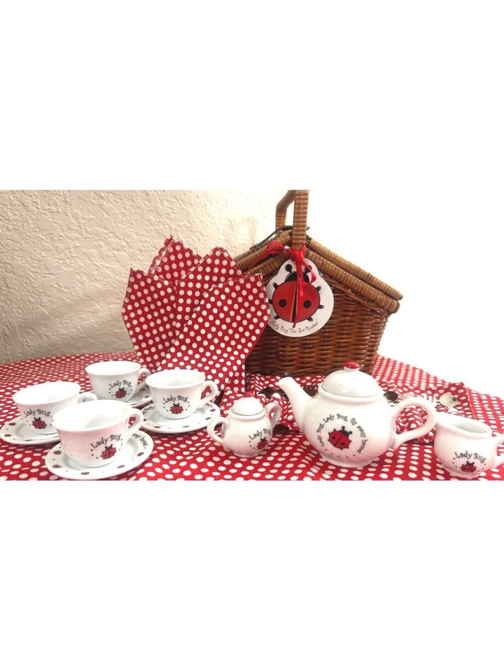 Ladybug Miniature Tea Set Wicker Basket Teapot Cups Saucers Flatware Picnic Set